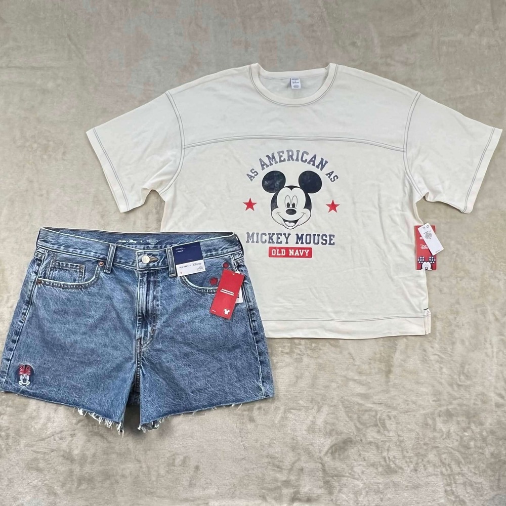 Old Navy Disney Mickey Mouse Graphic Tee & High Rise Denim Shorts Set NWT Womens